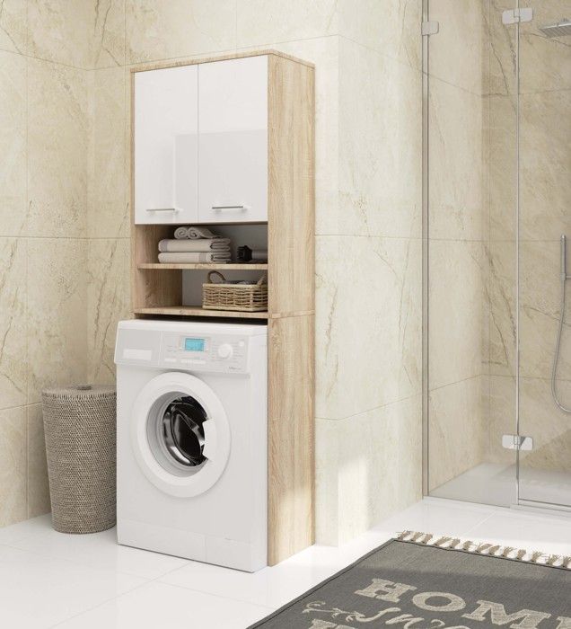 Armoire pour machine à laver 64x30x180cm - Meuble SDB- Meuble de rangement buanderie 2 portes et 4 étagères - Sonoma+Blanc laqué