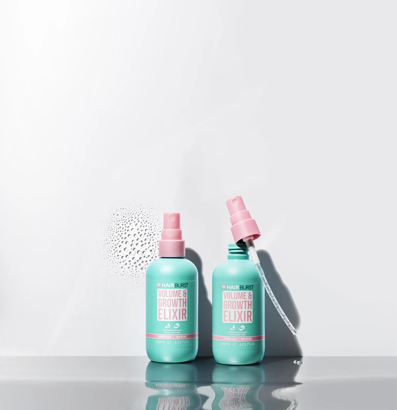 „Hairburst Volume & Growth Elixir“ apimties suteikiantis purškiklis plaukų augimui ir folikulų stiprinimui.