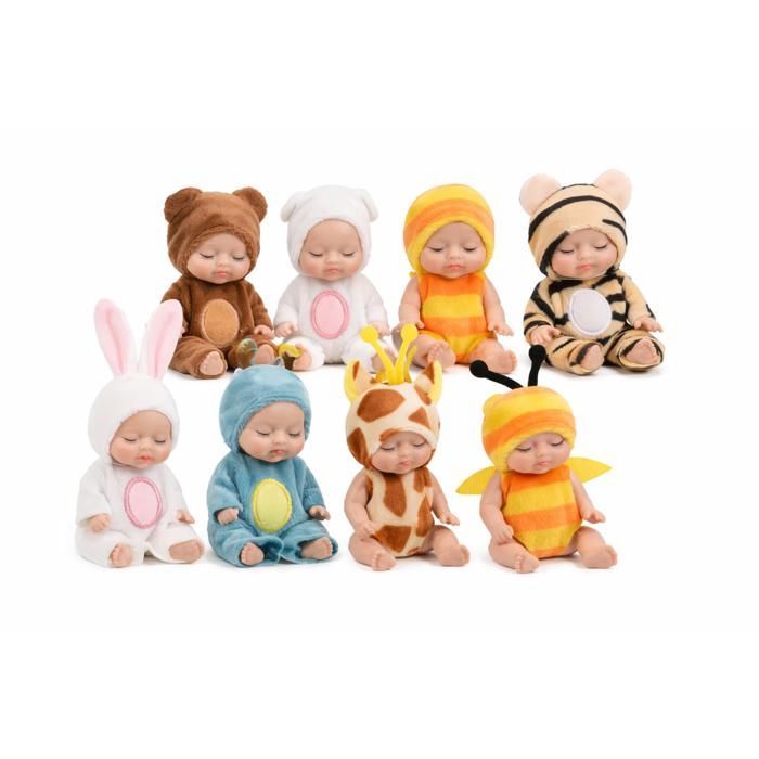 Conjunto de 6 mini muñecos estilo reborn de 11 cm con trajes de animales: Abeja, Conejo, Oso, Jirafa, Alce, Tigre.