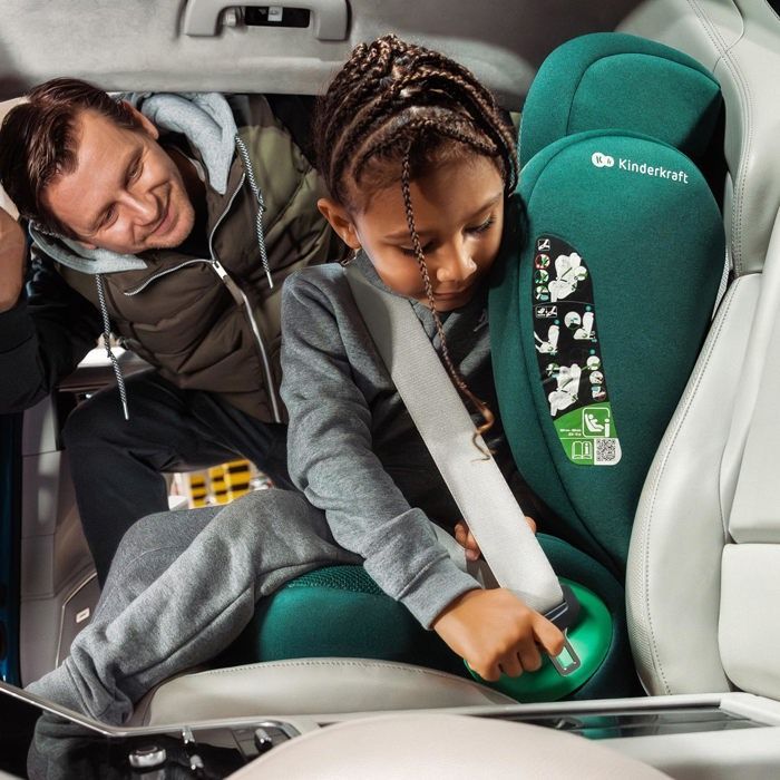 Kinderkraft JUNIOR FIX 2 PLUS bilbarnstol 100-150 cm ISOFIX konvertibel sits med sidokrockskydd och justerbart nackstöd, grön