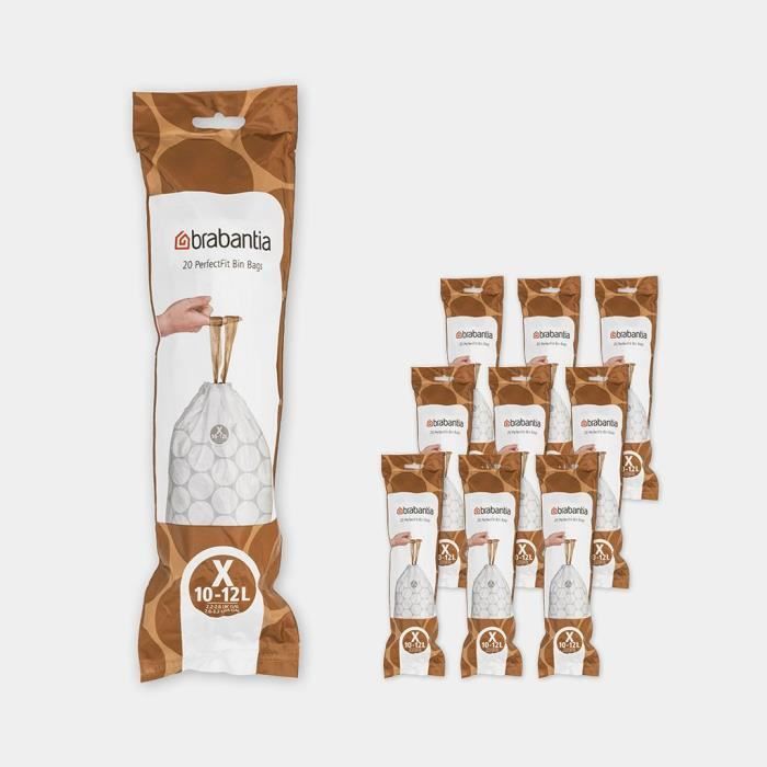 BRABANTIA - Sacchi per rifiuti PerfectFit, codice X, 10-12 litri - 10 rotoli da 20 sacchi