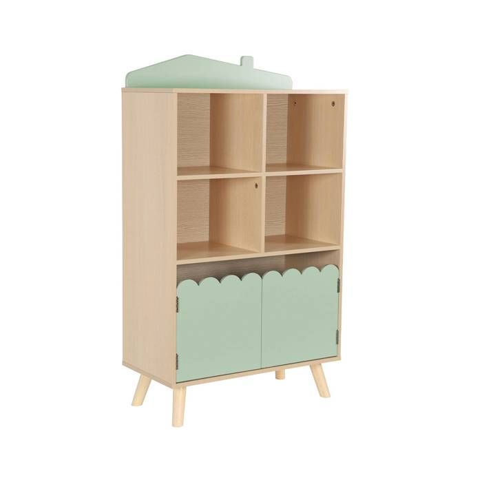 Librería infantil verde con 2 puertas y 4 estantes.