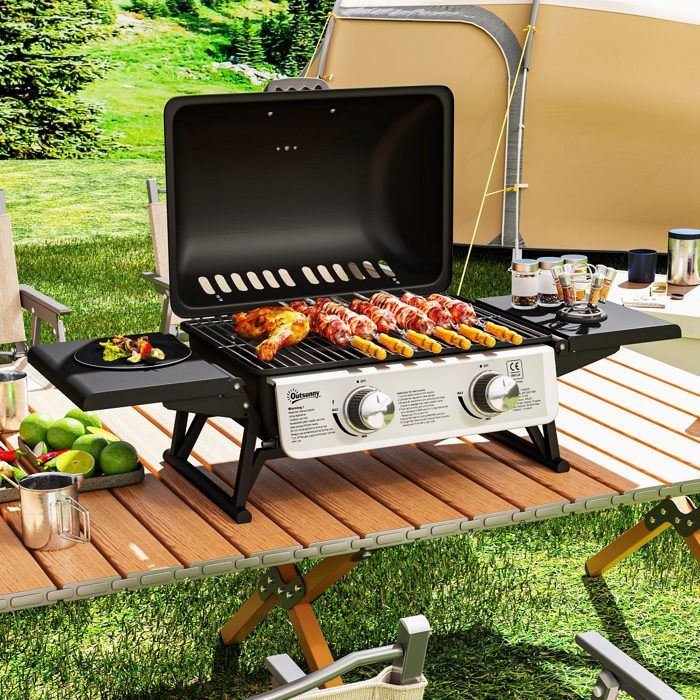 Barbacoa de gas portátil de sobremesa - Outsunny - 2 quemadores 5,6 kW - con mesas laterales, tapa y termómetro - negra