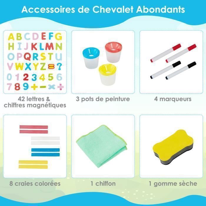 COSTWAY  Tableau Enfants  3 en 1 - 60 Accessoires - Chevalet 2 Faces (Magnétiques et à Craie) - Rouleau de Papier