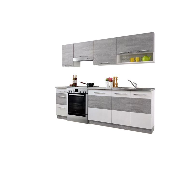 Cocina LAX con acabado en hormigón y blanco mate, 7 módulos, 240 cm