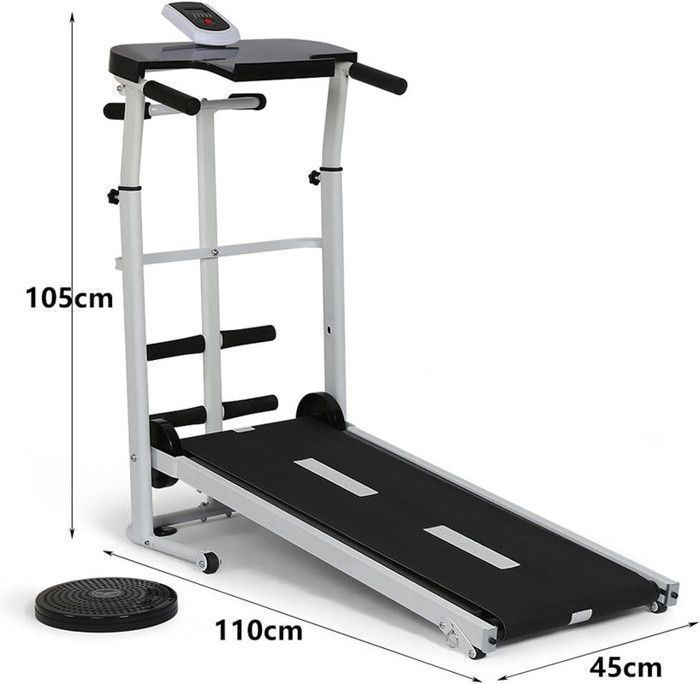 Esteira manual dobrável 4 em 1 para caminhada, com tela LCD, inclinação ajustável e ideal para corrida diária.