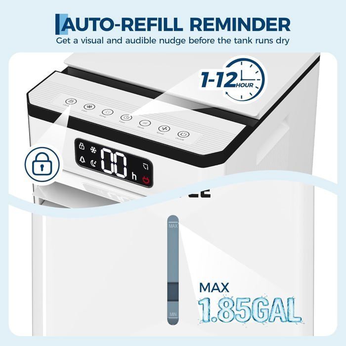 Aire acondicionado portátil 3 en 1: ventilador, aire acondicionado y humidificador. Depósito de 7 litros, temporizador de 12 horas, oscilación de 120°.