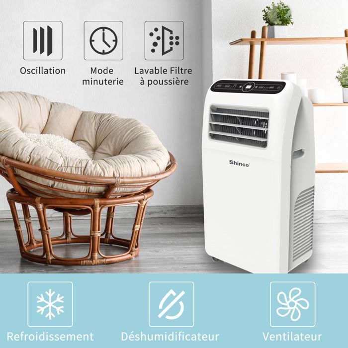 SHINCO 3-en-1 12000 BTU Climatiseur Mobile, Ventilateur, Déshumidificateur, Télécommande, Eco R290, Classe énergétique A