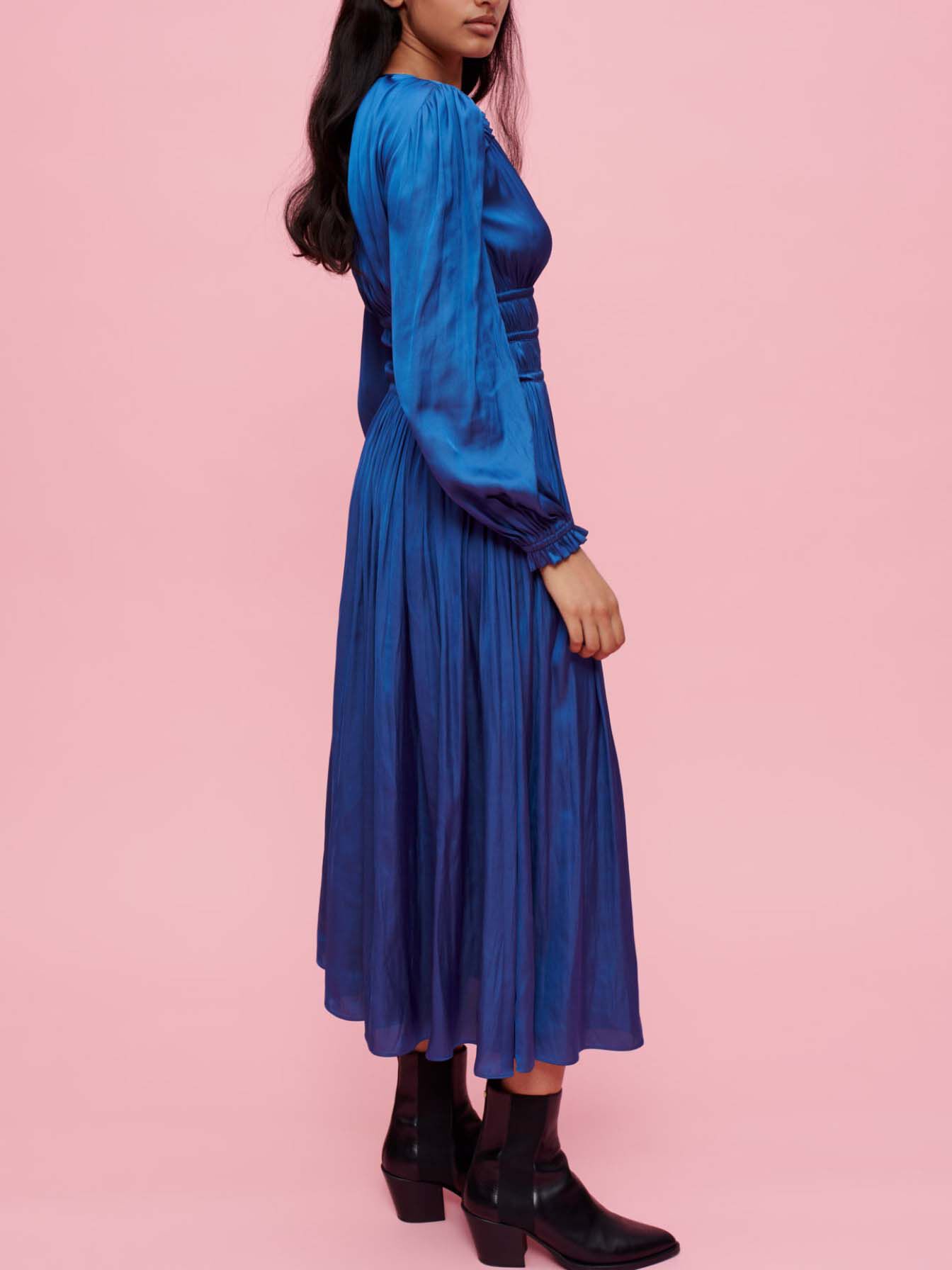 Rochie din satin cu talie încrețită - Albastră