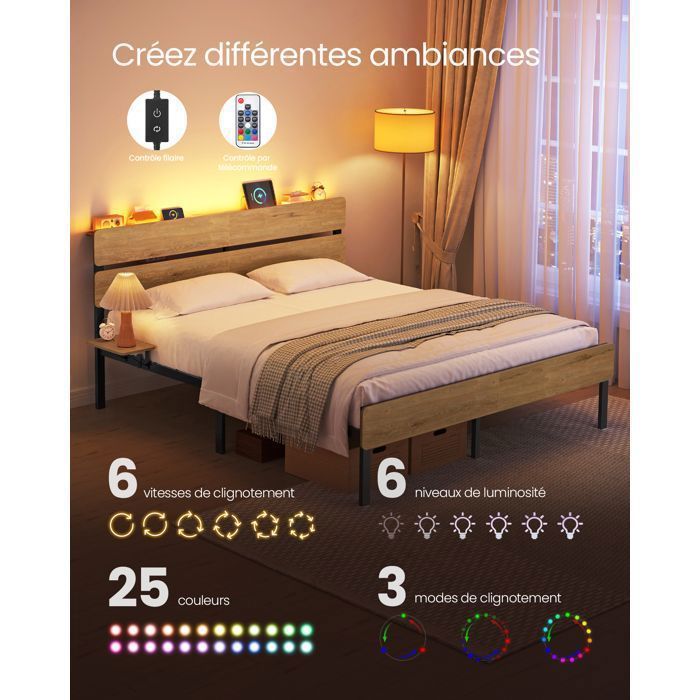 Struttura letto VASAGLE 160x200 - LED - USB - Contenitore - Stile industriale - Marrone naturale