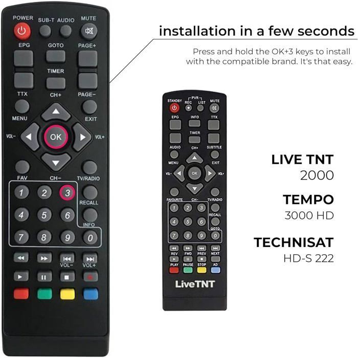 Telecomando universale 7 in 1 compatibile con decoder digitali terrestri DVB-T: Strong, Engel, Metronic, Strom, Livetnt, Xoro