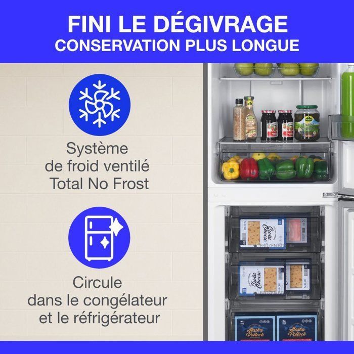 Frigorífico Continental Edison CEFC251NFS con congelador inferior - Sin escarcha (congelador y refrigerador) - 253 L - Clase energética E - Acero inoxidable
