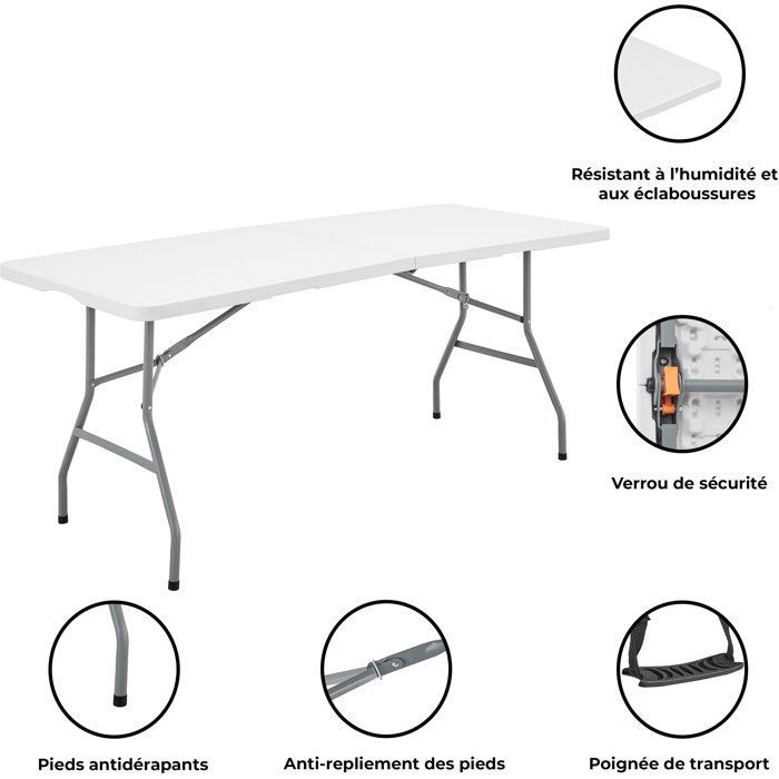 Table de réception pliante - TERRANOVA - Blanche - Structure acier et Plateau en Polyéthylène PEHD - 8 personnes - 180x74xH73,5 cm