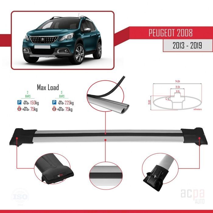 Barras de techo para Peugeot 2008 2013-2019, modelo FLY, portaequipajes para coche - Gris