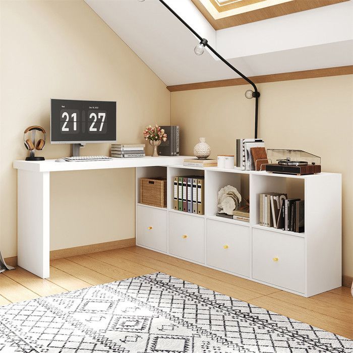 Reversible L-shaped corner desk, 4 shelves, 120 cm desk with storage and 4 drawers, desk for bedroom, studio, white