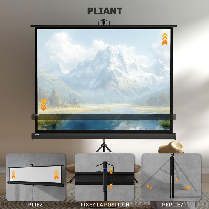 Tela de projeção - HOMCOM - Tela 4K HD 4:3 - Suporte tripé - Altura ajustável - 131x92x203cm - Branca e preta