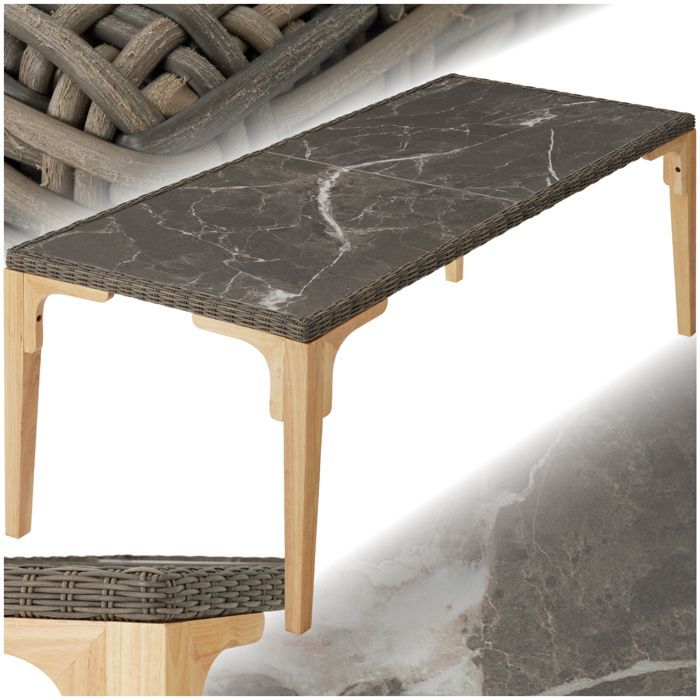 Mesa de jardín - TECTAKE - FOGGIA, mesa de comedor de ratán con tablero de gres desmontable, estructura de aluminio, 196x87x76cm - Marrón natural