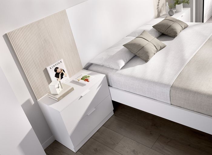 Ensemble de Tête de lit avec 2 tables de chevet de 2 tiroirs coloris imitation lamelles chêne naturel, blanc