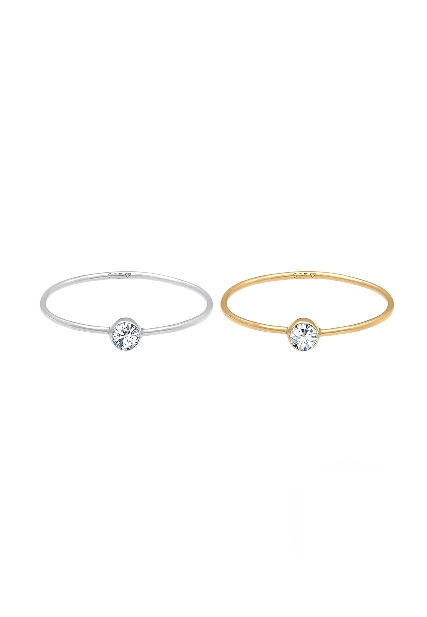 Elli Femmes Empilement Set de 2 Solitaire Basique Bicolore avec Cristal en Argent Sterling 925 Plaqué Or