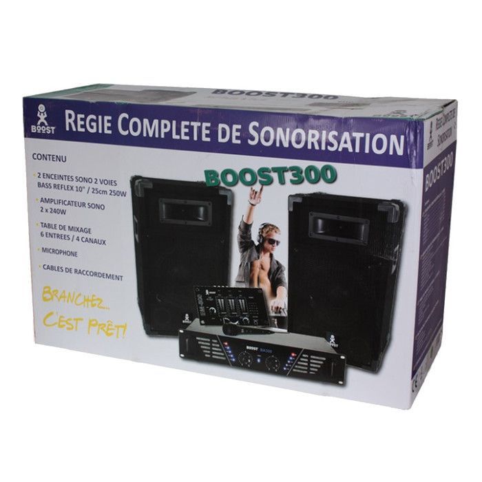 BOOST DJ-300 PA System Package with Speakers, Mixer, 480W Amplifier + PARTY-TRIFX 3-Pack LED Light Sets