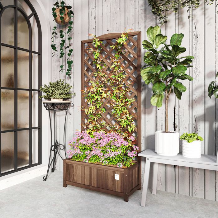 Planter with Trellis - Outsunny - 76 x 36 x 170 cm - Slatted Base - Dark Brown Pre-Oiled Fir Wood