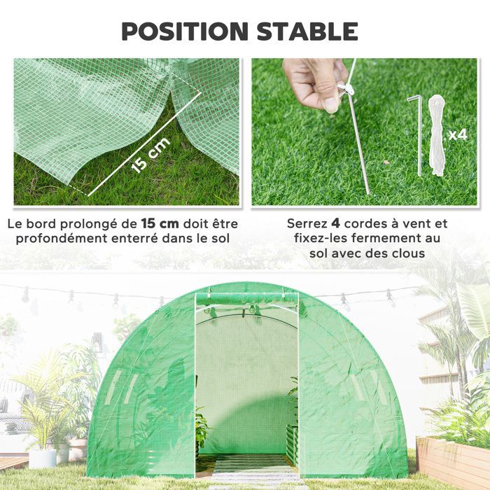 Serre de jardin tunnel - Outsunny - 9 m² - 4 fenêtres porte zippée enroulable - châssis acier galvanisé bâche PE - 3 x 3 x 2 m, vert