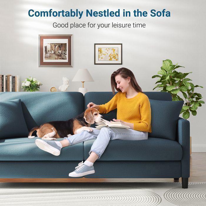 3-Seater Teddy Velvet Sofa in Blue Grey for Living Room, Bedroom, Scandinavian Style with 3 Cushions, 2 Pillows, 193×78×85CM