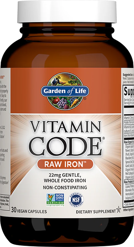 Cápsulas de suplemento alimentar Garden of Life Vitamin Code RAW Iron para auxiliar nos processos de formação sanguínea.