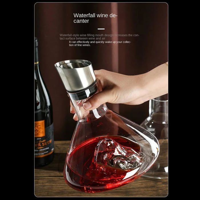 Decantador de vino tinto de cristal con cascada - Decantador de 1,5 L con aireador y filtro incorporados - Regalo ideal