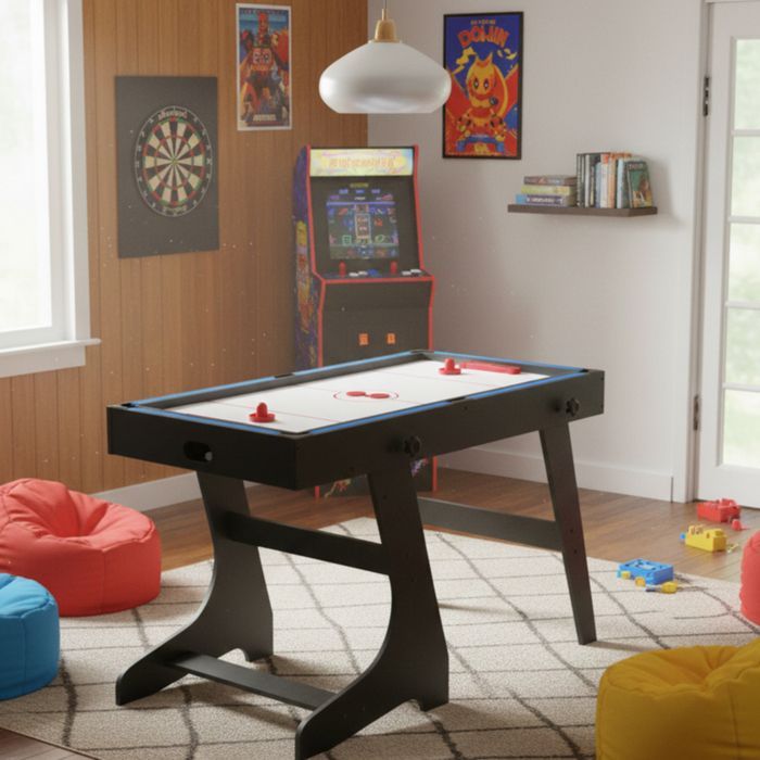 Mesa multijuegos 4 en 1 para niños: futbolín, billar, ping-pong y hockey de aire.