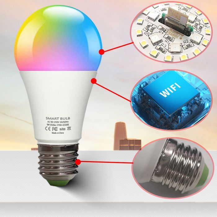Lâmpada LED Inteligente E27 com Wi-Fi - RGB Multicolorida - Compatível com Alexa/Google Home - Classe Energética F