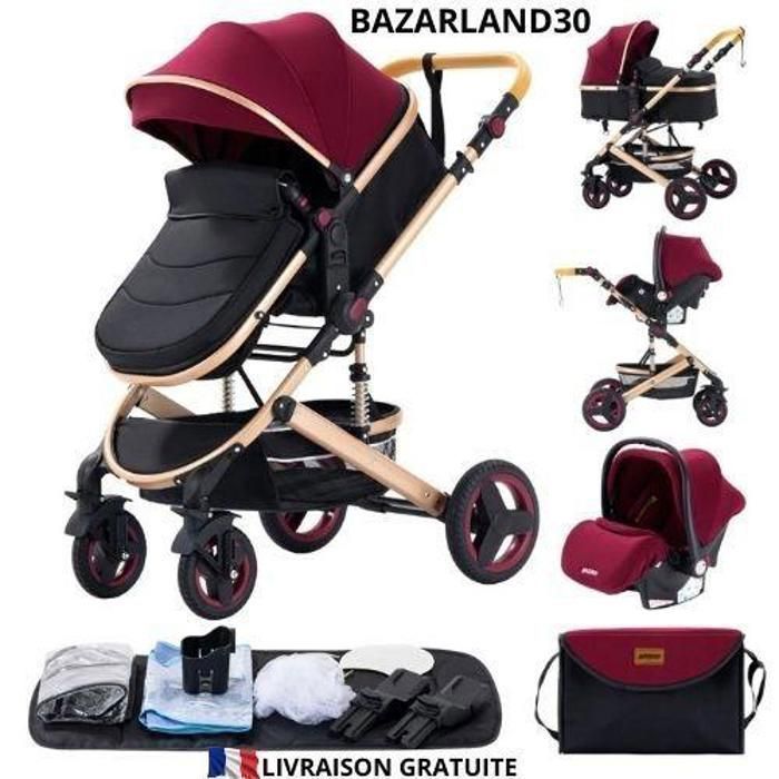 BAZARLAND30. Passeggino 3 in 1, seggiolino auto, navicella, trio reversibile e regolabile, ruote antiforatura di alta qualità, maniglione rosso.