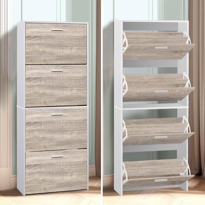 CASABEL Schoenenkast voor 24 paar schoenen - Grote capaciteit voor de hal - B60xD24xH150 cm - Licht houten deuren, wit frame