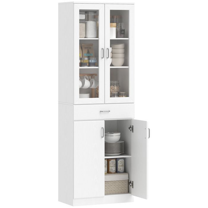 Aparador de cocina HOMCOM - 4 puertas (2 de cristal), cajones, estantes ajustables - aglomerado - 60x35x180cm - blanco