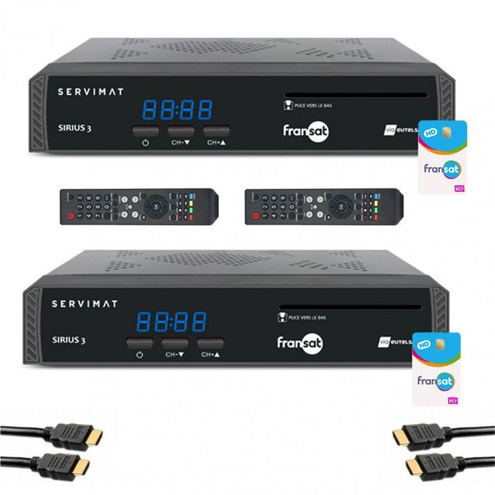 Paquete SERVIMAT: 2 receptores de TV satelital HD + tarjeta FRANSAT PC7 + cable HDMI