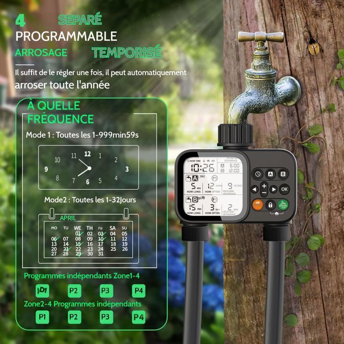 Bewässerungsuhr für 2 Zonen – 8 Programme, großes 3,3-Zoll-LCD-Display, automatische Regenverzögerung. Für Garten, Rasen und Pflanzen.
