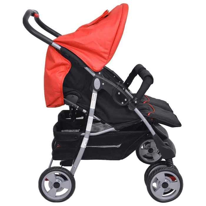 Double stroller - vidaXL - Steel - Red and black - Adjustable backrest - Lockable wheels