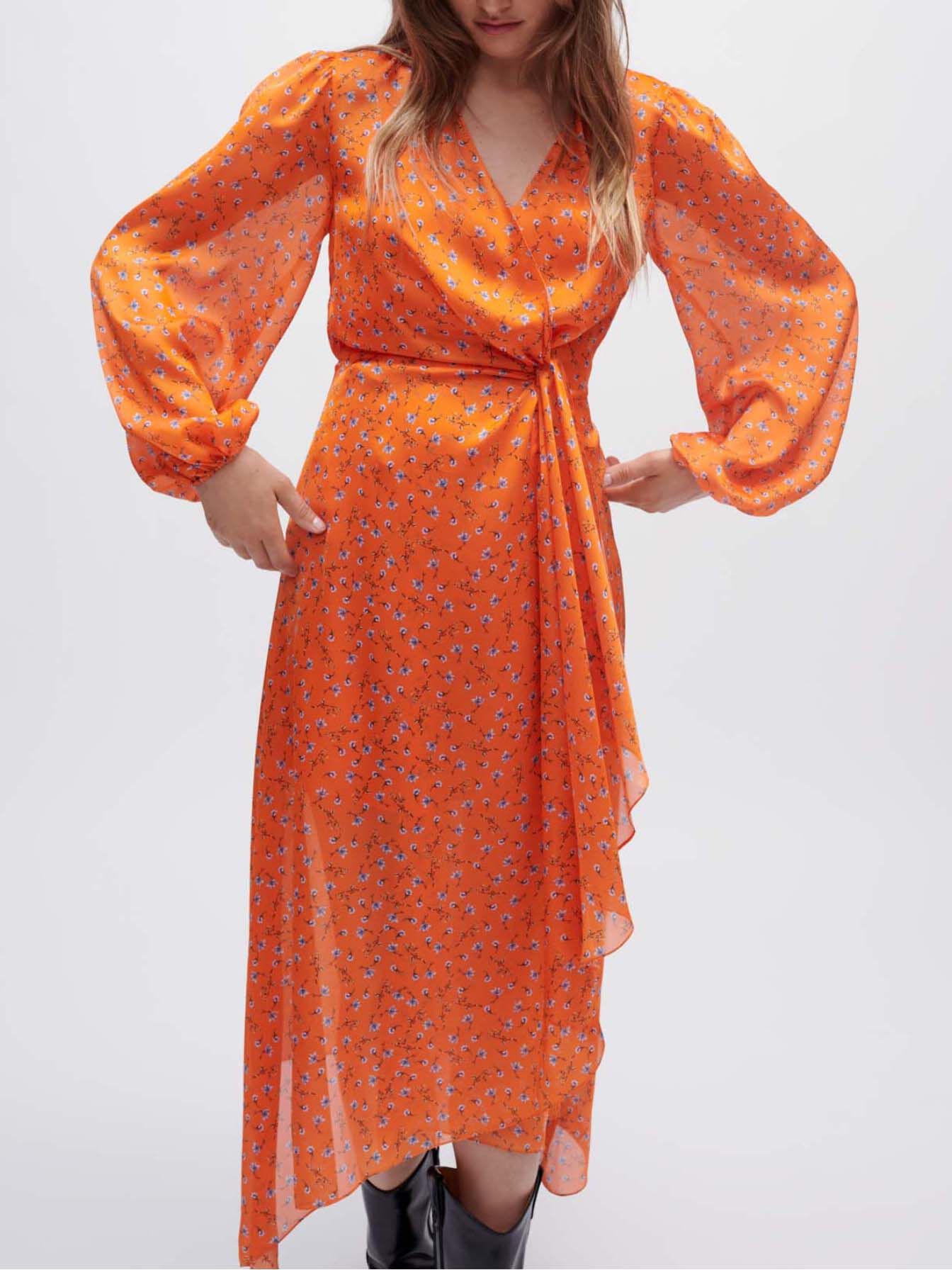 Satijnen jurk met bloemenprint - Oranje