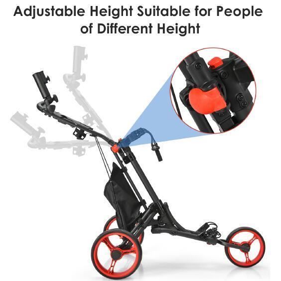 GYMAX 3-Wheel Folding Aluminum Golf Trolley with Adjustable Handle, Rear Wheel with Brake and Umbrella Holder, Red