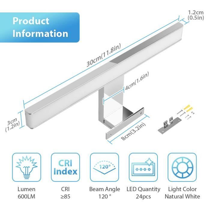 Aplique de pared TEMPSA - Luz de espejo 30 cm 600 lúmenes - Blanco 4000 K - Resistente al agua IP44