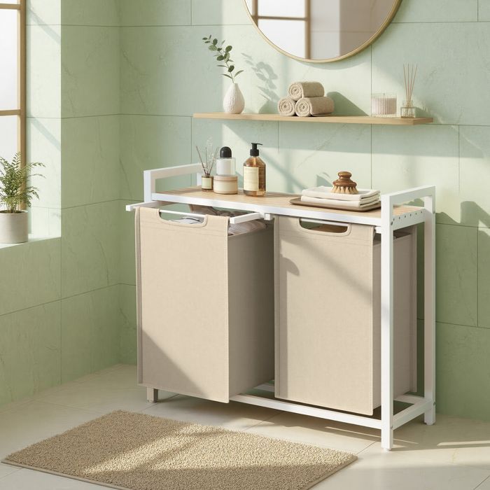 Cesto portabiancheria a 2 scomparti con ripiano portaoggetti, sacco rimovibile, struttura in metallo, 2 x 46 L, beige