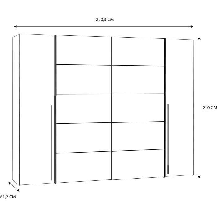Armoire NARAGO - Décor Noyer Bakersfield et gris - 2 portes coulissantes + 2 portes battantes - L270 x P61 x H210 cm