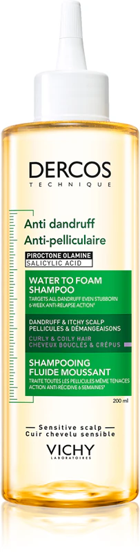 Shampoo anticaspa Vichy Dercos Água que se transforma em espuma para cabelos cacheados e ondulados.