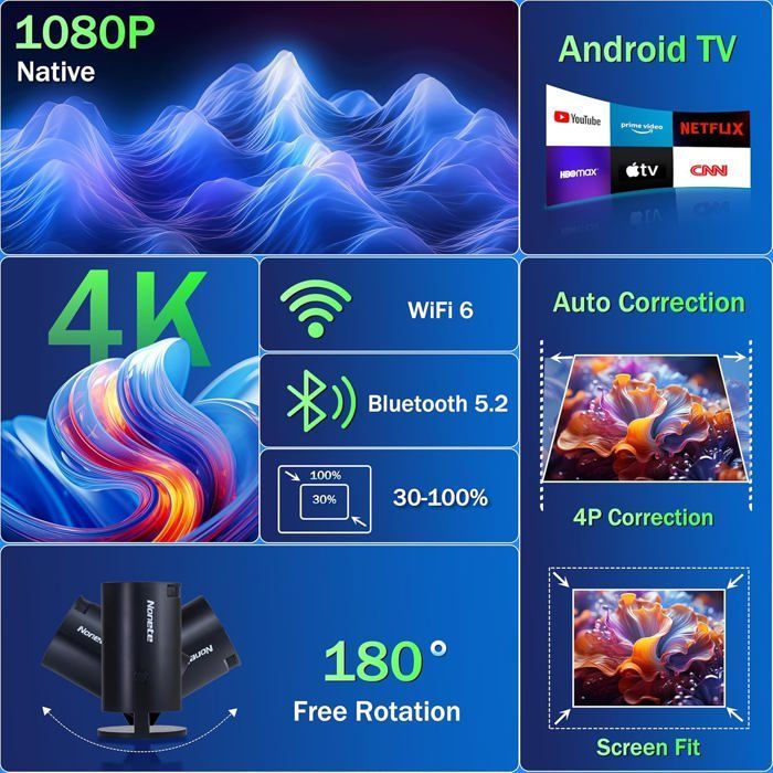 Proyector portátil ZOKKO 4K - Resolución 4K UHD - WiFi 6 integrado - Bluetooth 5.2