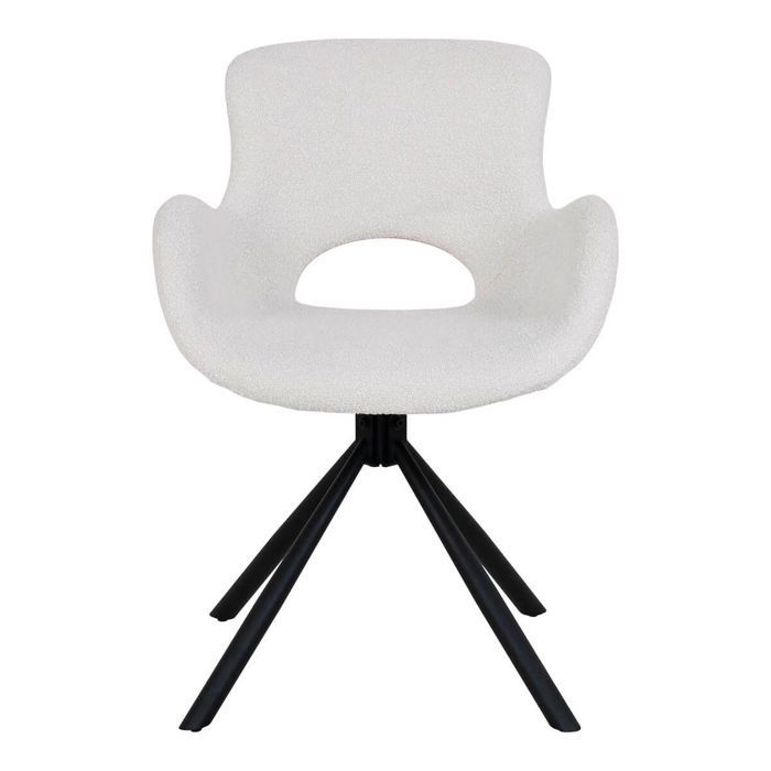 HERMOS - Lot de 2 Fauteuils de Table Tissu Bouclé Blanc Pied Pivotant Métal Noir