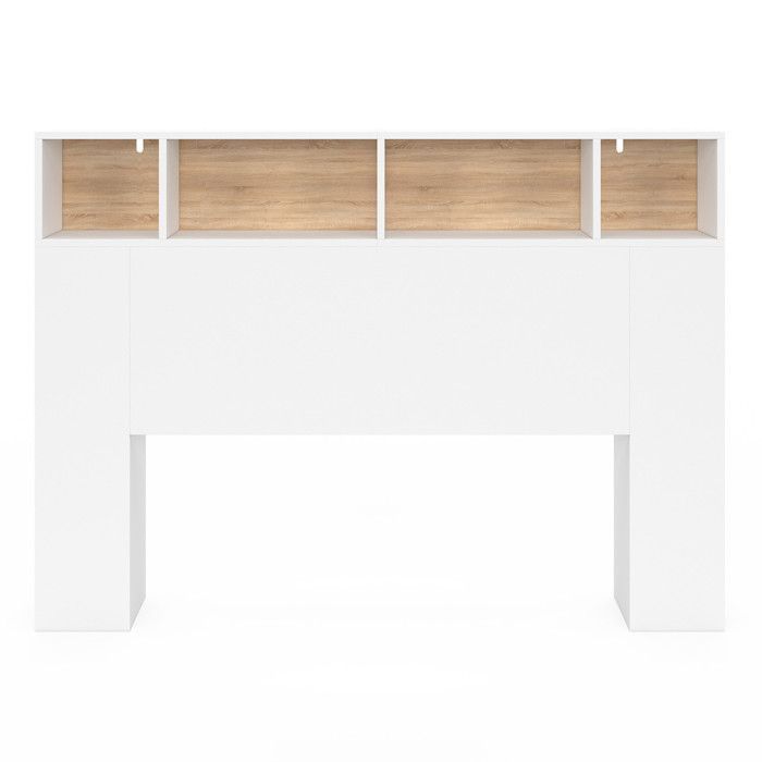IDMARKET Tête de lit sur pied CLEO 145 cm avec rangements fermés et niches blanc et façon hêtre
