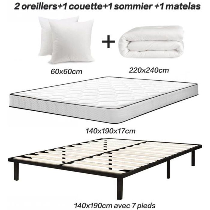 Paquete de colchón + base de cama + edredón + 2 almohadas