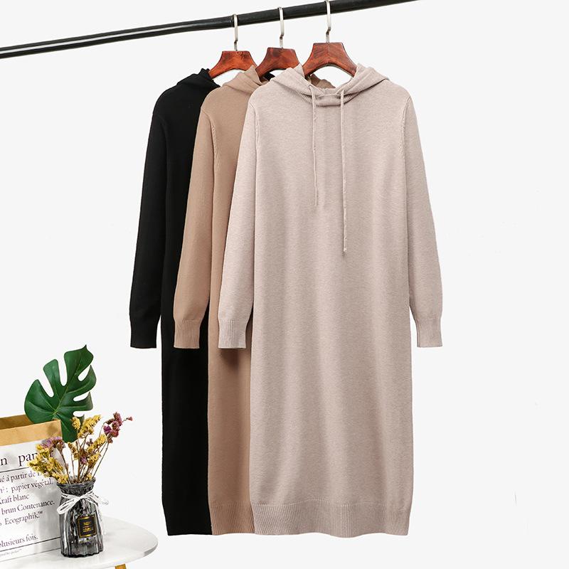 Robe pull longue à capuche oversize basique automne-hiver pour femme, robe ample en maille épaisse, robe de chambre chic en maille droite