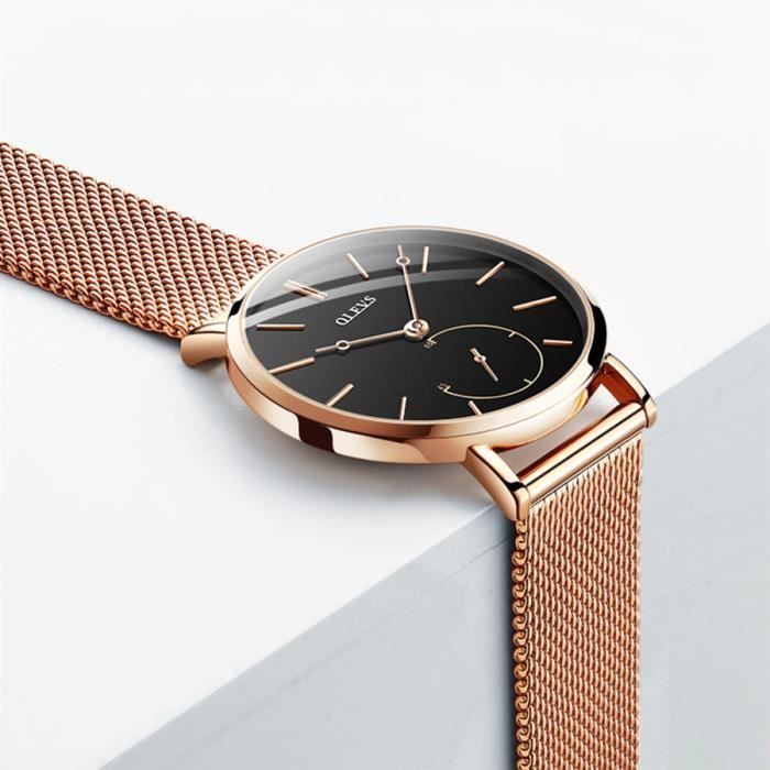 Orologi da donna di design - Ultrasottili - Quadrante con secondi separati - Acciaio - Nero/Oro rosa