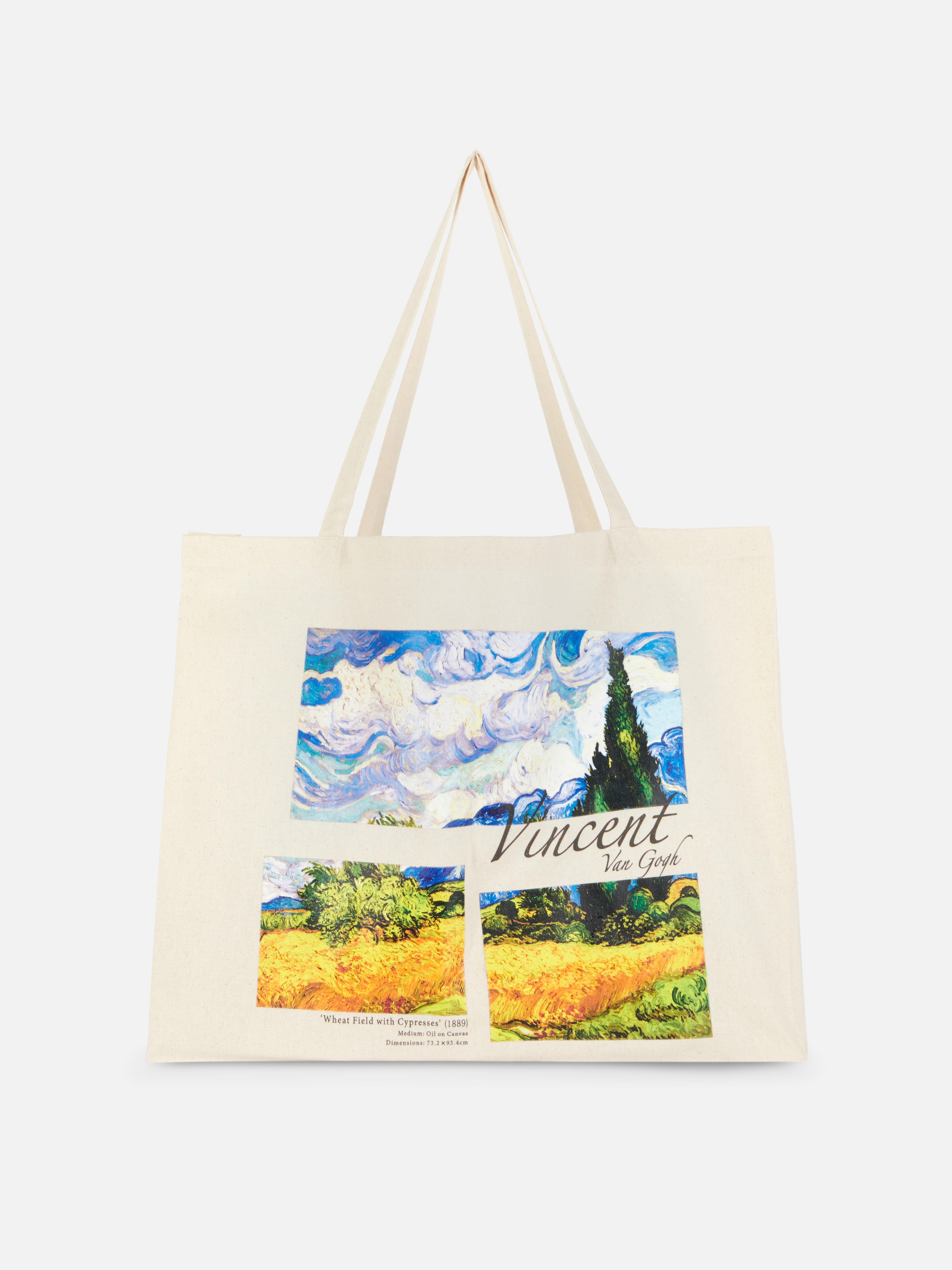 Geantă tote XL Vincent van Gogh O geantă Van Gogh din pânză cu pictura „Câmp de grâu cu chiparoși”